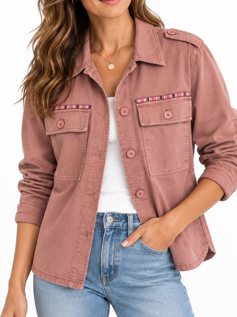 GAP Women's Rose Utility Jacket with Striped Pocket Trim